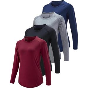 4-Pack: Womens Long Sleeve Athletic Tops with Thumb Holes – Dry Fit Active Crewneck Workout Tees(Navy/White/Black/Dark Maroon)
