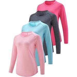 4-Pack: Womens Long Sleeve Athletic Tops with Thumb Holes – Dry Fit Active Crewneck Workout Tees(Pastel Pink/Charcoal/Dawn Blue/Hot Pink)