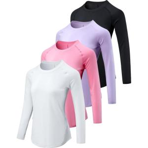4-Pack: Womens Long Sleeve Athletic Tops with Thumb Holes – Dry Fit Active Crewneck Workout Tees(White/Pink/Lavender/Black)