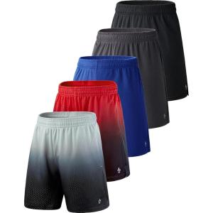 5 Pack Boys Athletic Shorts Mesh Basketball Youth Apparel Kids Sports Active Gear with Pockets(Black/Royal/Charcoal/Gradient Red/Gradient Gray)