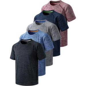 5 Pack Boys Athletic T Shirts, Youth Kids Dry Fit Short Sleeve Tees Performance Tops Activewear Clothing Bulk(Heather Navy/Gray/Charcoal/Blue/Maroon)