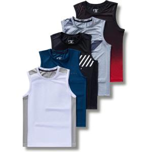 5 Pack: Boys’ Athletic Tank Tops Dry Fit Sleeveless Shirts, Youth Kids Performance Workout Clothes(Gray/Black/White/Teal Blue/Gradient Red)
