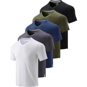 5 Pack Mens V-Neck Dry Fit T-Shirts, Active Athletic Short Sleeve Workout Tops, Performance Gym Tees (Available in Plus Size)(Black/White/Black/Steel Blue/Dark Gray)