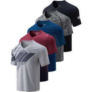 5 Pack Mens V-Neck Dry Fit T-Shirts, Active Athletic Short Sleeve Workout Tops, Performance Gym Tees (Available in Plus Size)(Blue/Black/Charcoal/Light Gray/Gradient Red)