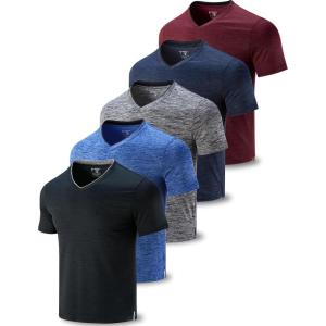 5 Pack Mens V-Neck Dry Fit T-Shirts, Active Athletic Short Sleeve Workout Tops, Performance Gym Tees (Available in Plus Size)(Blue/Gray/Navy/Black/Maroon)
