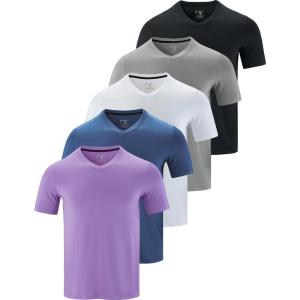 5 Pack Mens V-Neck Dry Fit T-Shirts, Active Athletic Short Sleeve Workout Tops, Performance Gym Tees (Available in Plus Size)(Gray/Black/White/Dark Lavender/Soft Denim)