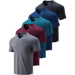 5 Pack Mens V-Neck Dry Fit T-Shirts, Active Athletic Short Sleeve Workout Tops, Performance Gym Tees (Available in Plus Size)(Teal/Maroon/Charcoal/Navy/Black)