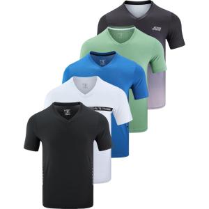 5 Pack Mens V-Neck Dry Fit T-Shirts, Active Athletic Short Sleeve Workout Tops, Performance Gym Tees (Available in Plus Size)(White/Mint/Blue/Gradient/Black)