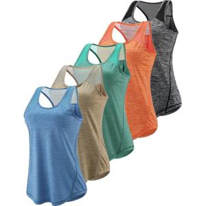 5 Pack Women’s Workout Tops, Athletic Racerback Tank Tops for Women, Mesh Sleeveless Shirts Yoga for Gym Running(Teal/Khaki/Orange/Charcoal/Light Blue)