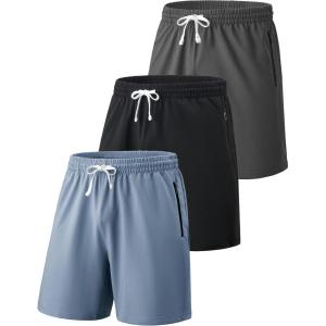 Liberty Imports 3 Pack Mens Sweat Shorts Athletic Casual Jogger Shorts with Zipper Pockets, Terry Performance Tech Activewear(Dusty Blue/Charcoal/Black)