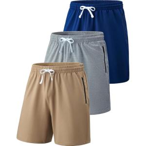 Liberty Imports 3 Pack Mens Sweat Shorts Athletic Casual Jogger Shorts with Zipper Pockets, Terry Performance Tech Activewear(Light Gray/Light Brown/Navy)