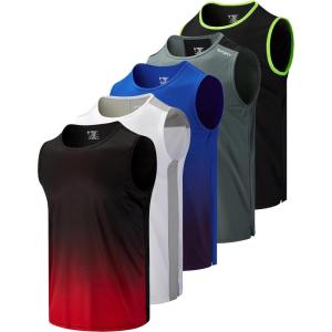 Liberty Imports Pack of 5 Men’s Stretch Cool Dry Muscle Tank Tops Athletic Crewneck Sleeveless Workout Shirts(Black/White/Gray/Gradient Red/Gradient Blue)