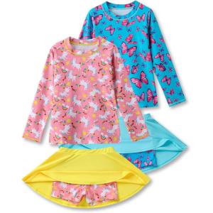 Liberty Pro 2 Pack: Girls Rash Guard Two Piece Bathing Suit Long Sleeve Swimsuit – Toddler Swimwear with Skirts Shorts 3T-12Y(Set 3)