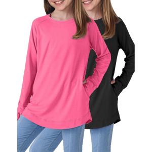 Liberty Pro 2-Pack Girls’ Loose Fit Long Sleeve Tunic Tops with Pockets and Thumb Holes, Casual T Shirts for Tween Kids(Black/Hot Pink)