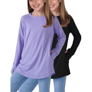 Liberty Pro 2-Pack Girls’ Loose Fit Long Sleeve Tunic Tops with Pockets and Thumb Holes, Casual T Shirts for Tween Kids(Black/Lilac)