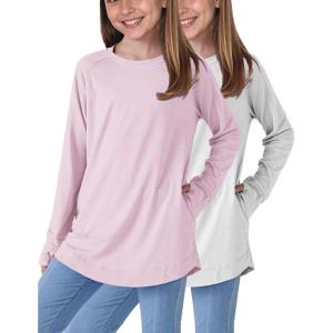 Liberty Pro 2-Pack Girls’ Loose Fit Long Sleeve Tunic Tops with Pockets and Thumb Holes, Casual T Shirts for Tween Kids(Light Pink/White)