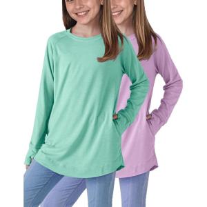Liberty Pro 2-Pack Girls’ Loose Fit Long Sleeve Tunic Tops with Pockets and Thumb Holes, Casual T Shirts for Tween Kids(Mint/Orchid)
