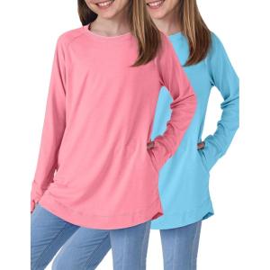 Liberty Pro 2-Pack Girls’ Loose Fit Long Sleeve Tunic Tops with Pockets and Thumb Holes, Casual T Shirts for Tween Kids(Pink/Baby Blue)