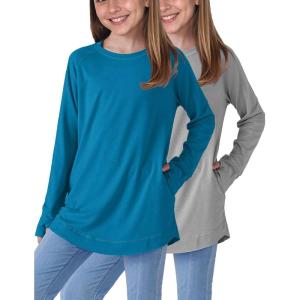 Liberty Pro 2-Pack Girls’ Loose Fit Long Sleeve Tunic Tops with Pockets and Thumb Holes, Casual T Shirts for Tween Kids(Teal Blue/Gray)