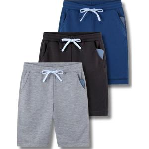 Liberty Pro 3 Pack Boys’ Pull On Jogger Shorts Youth Kids Casual Terry Sweat Shorts with Pockets Drawstring(Gray/Charcoal/Blue)