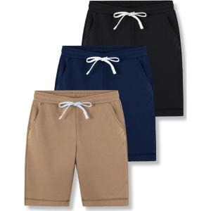 Liberty Pro 3 Pack Boys’ Pull On Jogger Shorts Youth Kids Casual Terry Sweat Shorts with Pockets Drawstring(Khaki/Navy/Black)