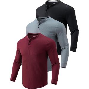 Liberty Pro 3 Pack Mens Waffle Henley Thermal Long Sleeve Shirts, Casual Fitted Fall Shirts for Men(Black/Maroon/Charcoal)