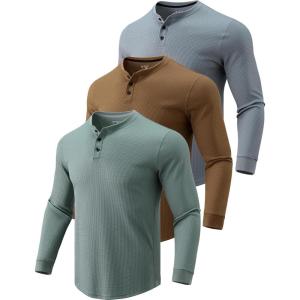 Liberty Pro 3 Pack Mens Waffle Henley Thermal Long Sleeve Shirts, Casual Fitted Fall Shirts for Men(Charcoal/Olive/Brown)