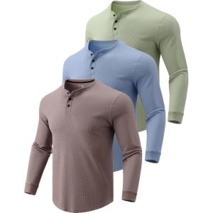 Liberty Pro 3 Pack Mens Waffle Henley Thermal Long Sleeve Shirts, Casual Fitted Fall Shirts for Men(Dusty Blue/Light Brown/Light Green)