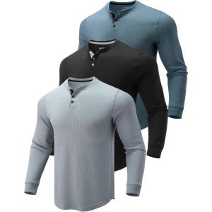 Liberty Pro 3 Pack Mens Waffle Henley Thermal Long Sleeve Shirts, Casual Fitted Fall Shirts for Men(Gray/Black/Slate Blue)