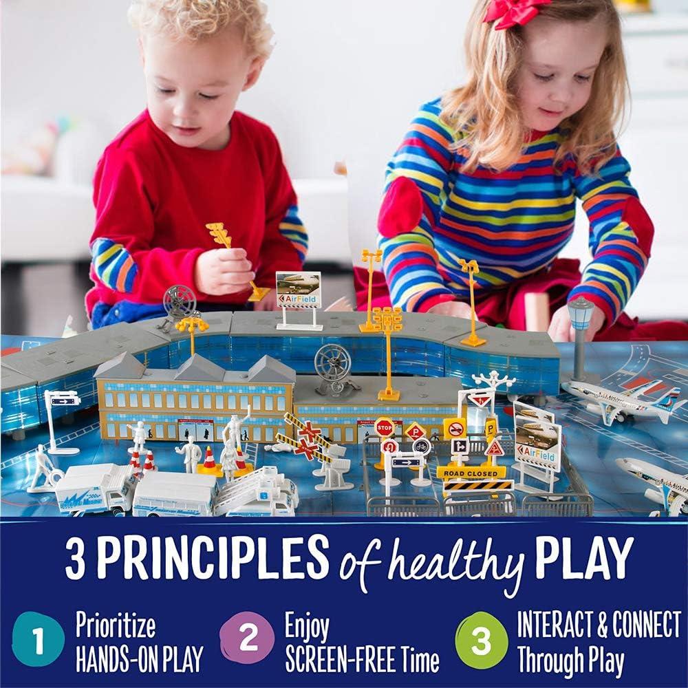 image200 PCS Airport Terminal Kids Toys Deluxe Airlines Pretend Playset with Airplanes Vehicles Figures Accessories Play Mat