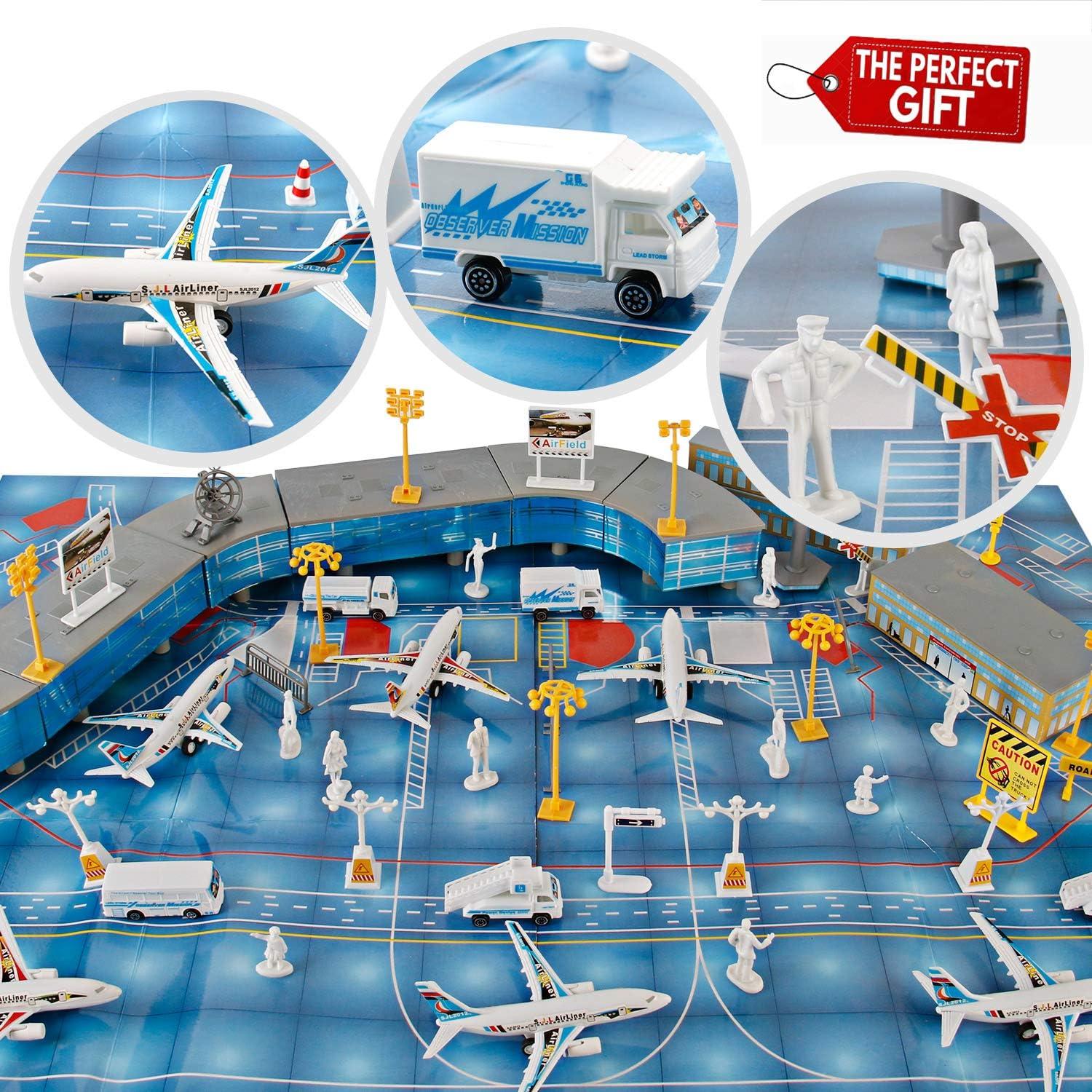 image200 PCS Airport Terminal Kids Toys Deluxe Airlines Pretend Playset with Airplanes Vehicles Figures Accessories Play Mat