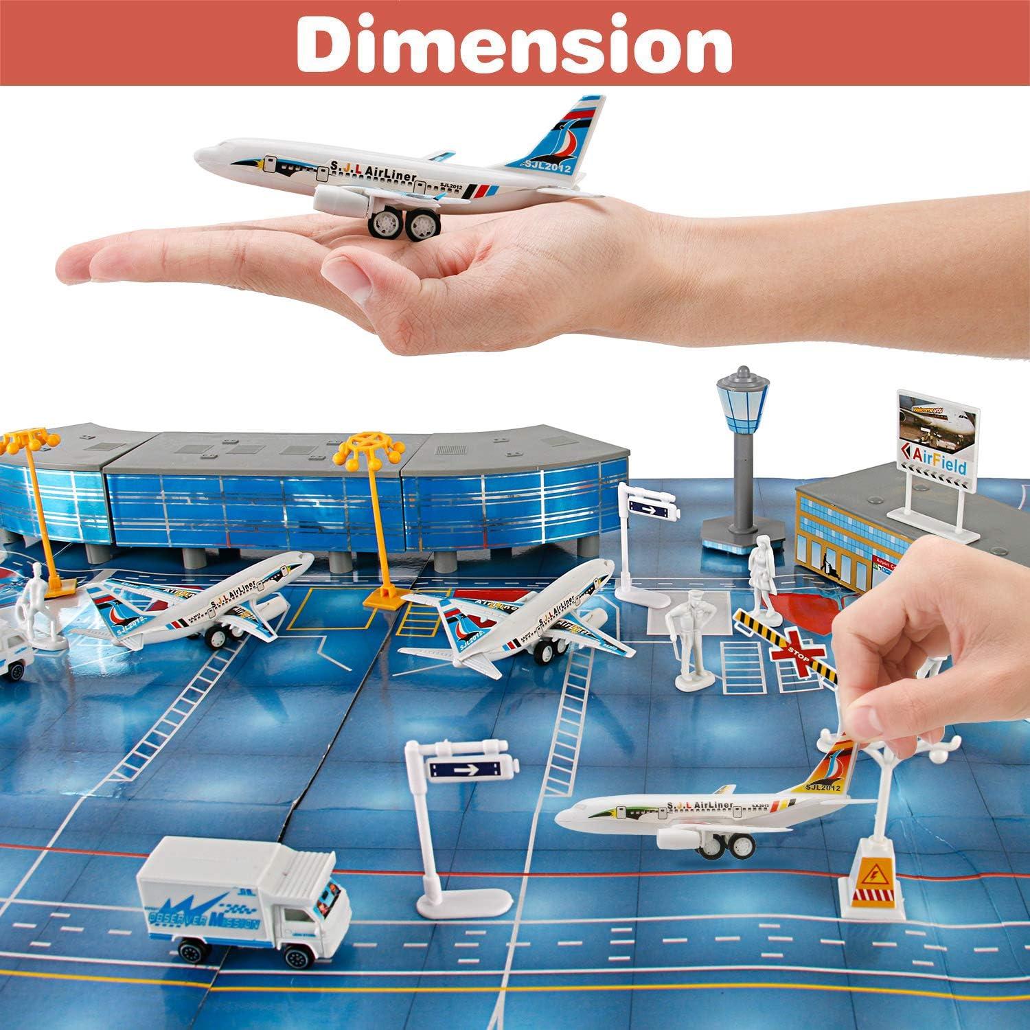 image200 PCS Airport Terminal Kids Toys Deluxe Airlines Pretend Playset with Airplanes Vehicles Figures Accessories Play Mat