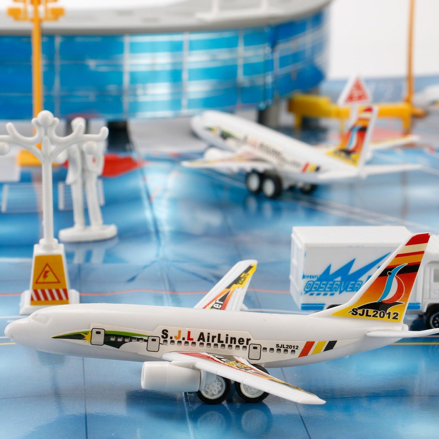 image200 PCS Airport Terminal Kids Toys Deluxe Airlines Pretend Playset with Airplanes Vehicles Figures Accessories Play Mat
