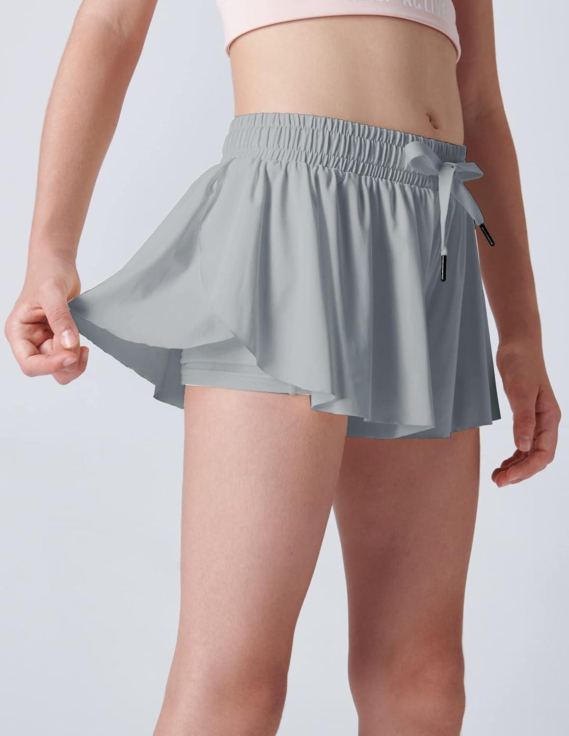 image3 Pack Girls Flowy Shorts with Spandex Liner 2in1 Youth Butterfly Skirts for Fitness Running SportsRedGrayBlue