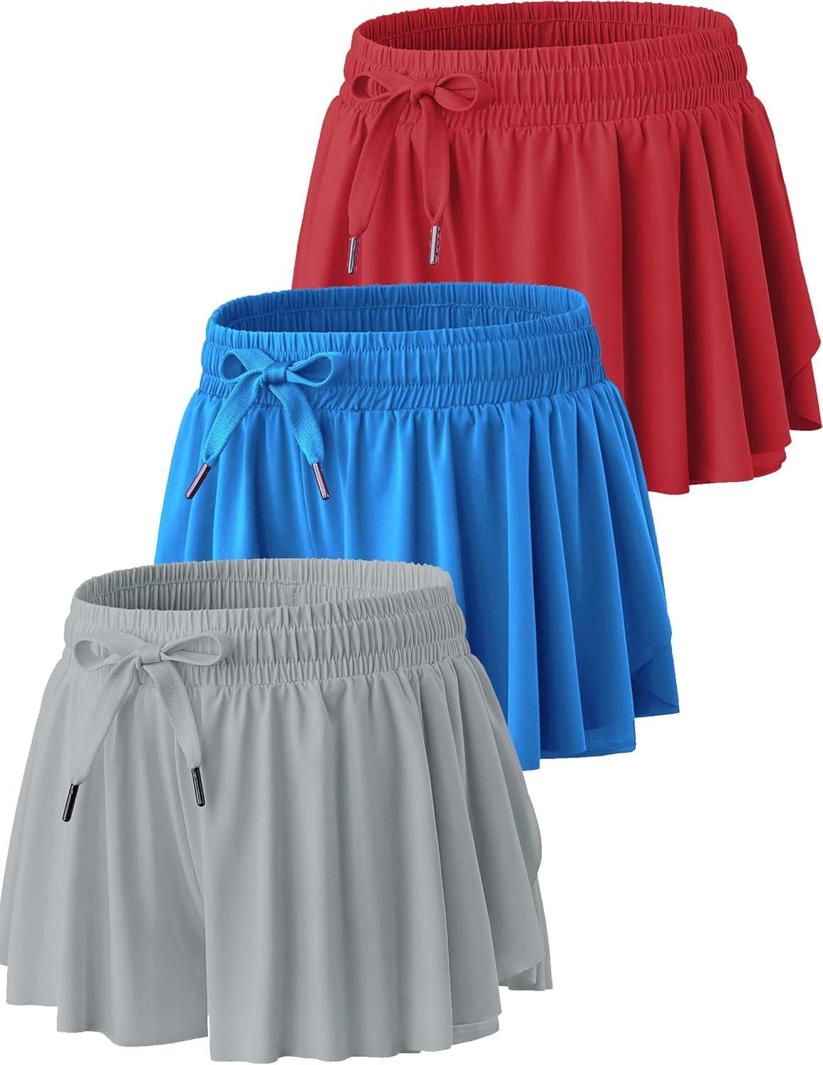 image3 Pack Girls Flowy Shorts with Spandex Liner 2in1 Youth Butterfly Skirts for Fitness Running SportsRedGrayBlue