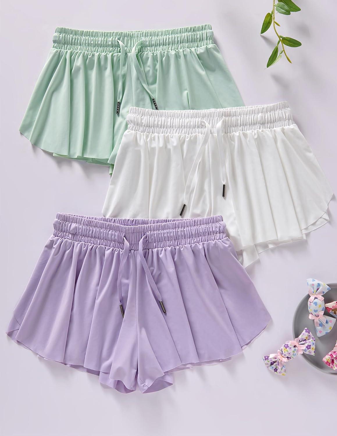 image3 Pack Girls Flowy Shorts with Spandex Liner 2in1 Youth Butterfly Skirts for Fitness Running SportsWhiteOrchidLight Green