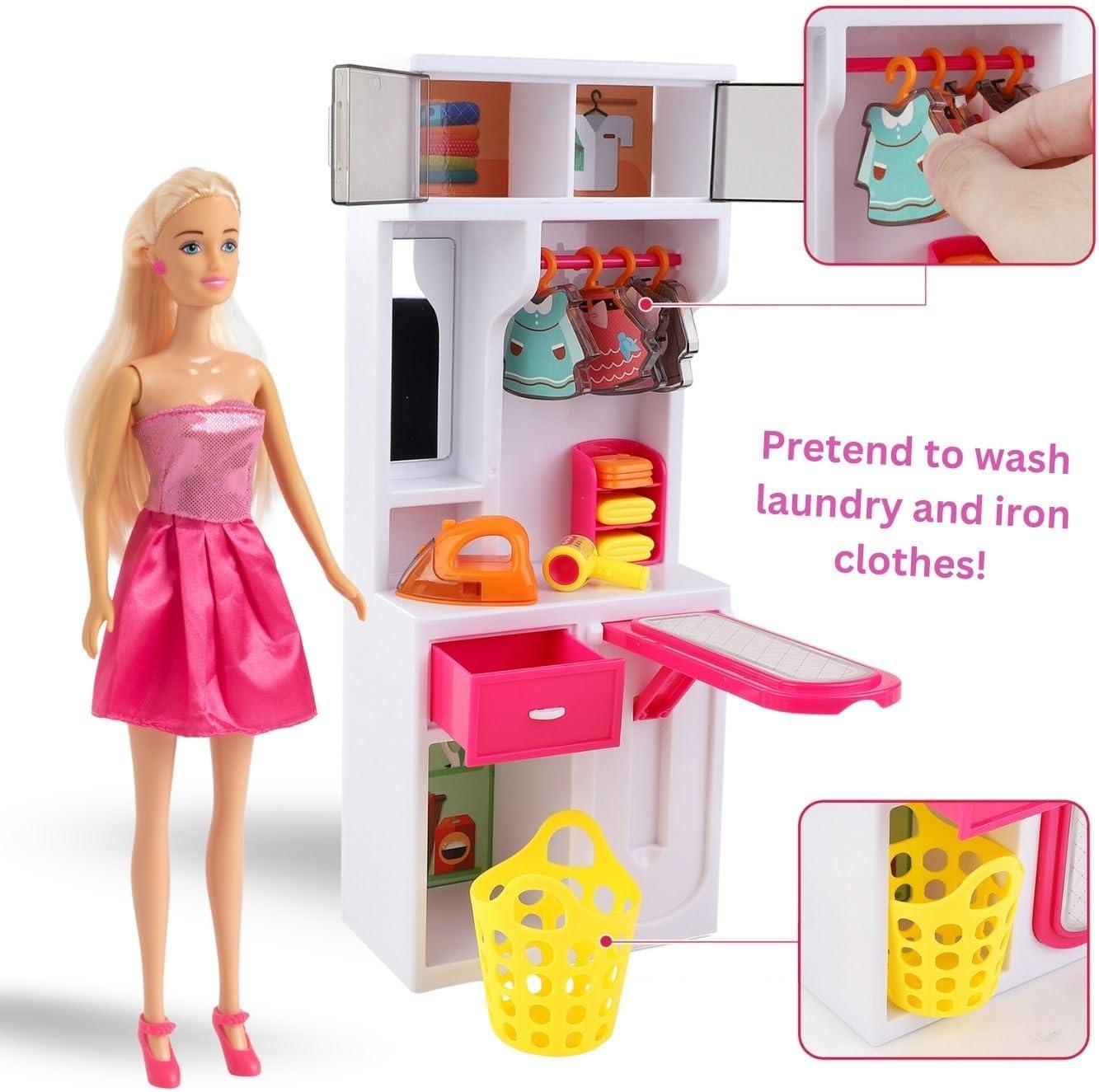 imageDoll Kitchen Playset for Kids My Modern Mini Kitchen House Furniture Pretend Play Toy Accessories Set with Realistic Lights ampamp Sounds for Toddlers Girls 5in1 Kitchen Set4in1 Bathroom Set