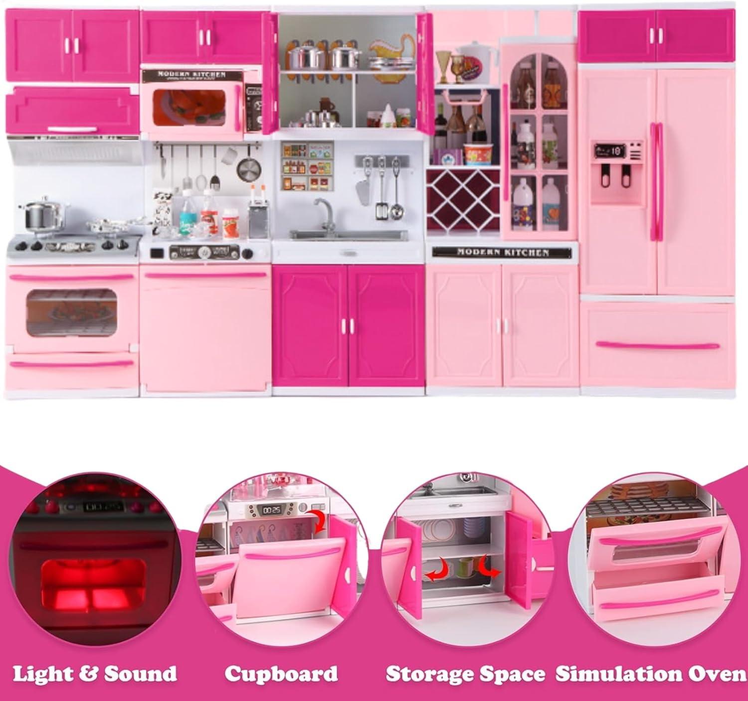 imageDoll Kitchen Playset for Kids My Modern Mini Kitchen House Furniture Pretend Play Toy Accessories Set with Realistic Lights ampamp Sounds for Toddlers Girls 5in1 Kitchen Set5in1 Kitchen Set