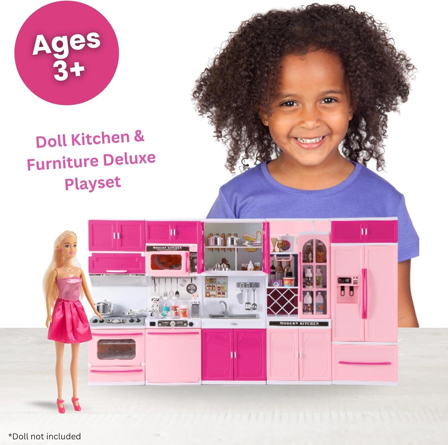 imageDoll Kitchen Playset for Kids My Modern Mini Kitchen House Furniture Pretend Play Toy Accessories Set with Realistic Lights ampamp Sounds for Toddlers Girls 5in1 Kitchen Set5in1 Kitchen Set