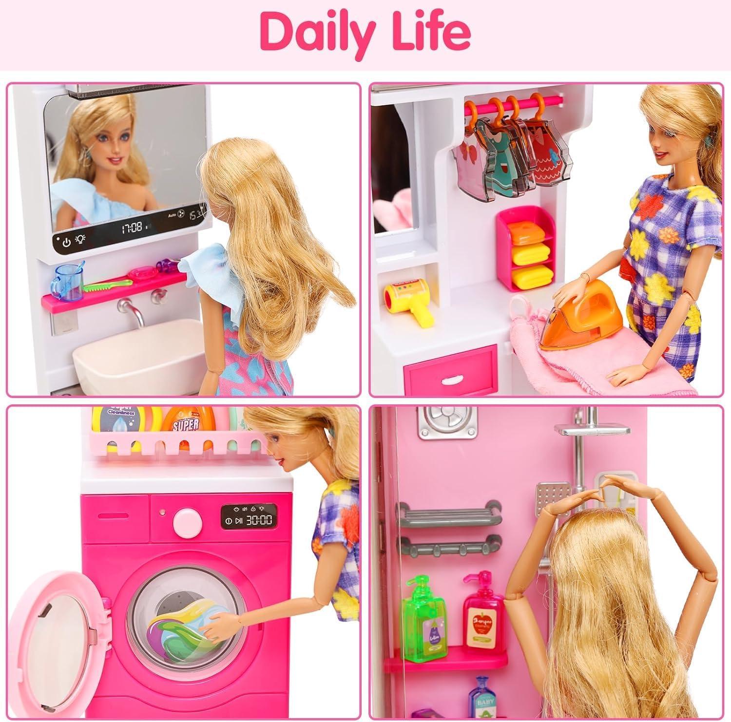 imageDoll Kitchen Playset for Kids My Modern Mini Kitchen House Furniture Pretend Play Toy Accessories Set with Realistic Lights ampamp Sounds for Toddlers Girls 5in1 Kitchen Set4in1 Bathroom Set