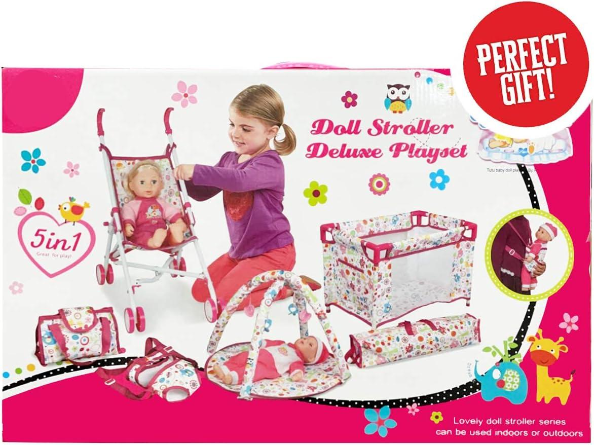 imageLiberty Imports 5in1 Deluxe Newborn Baby Doll Stroller Nursery Playset with Play Mat Playard Baby Carrier and Travel Bag Doll Included