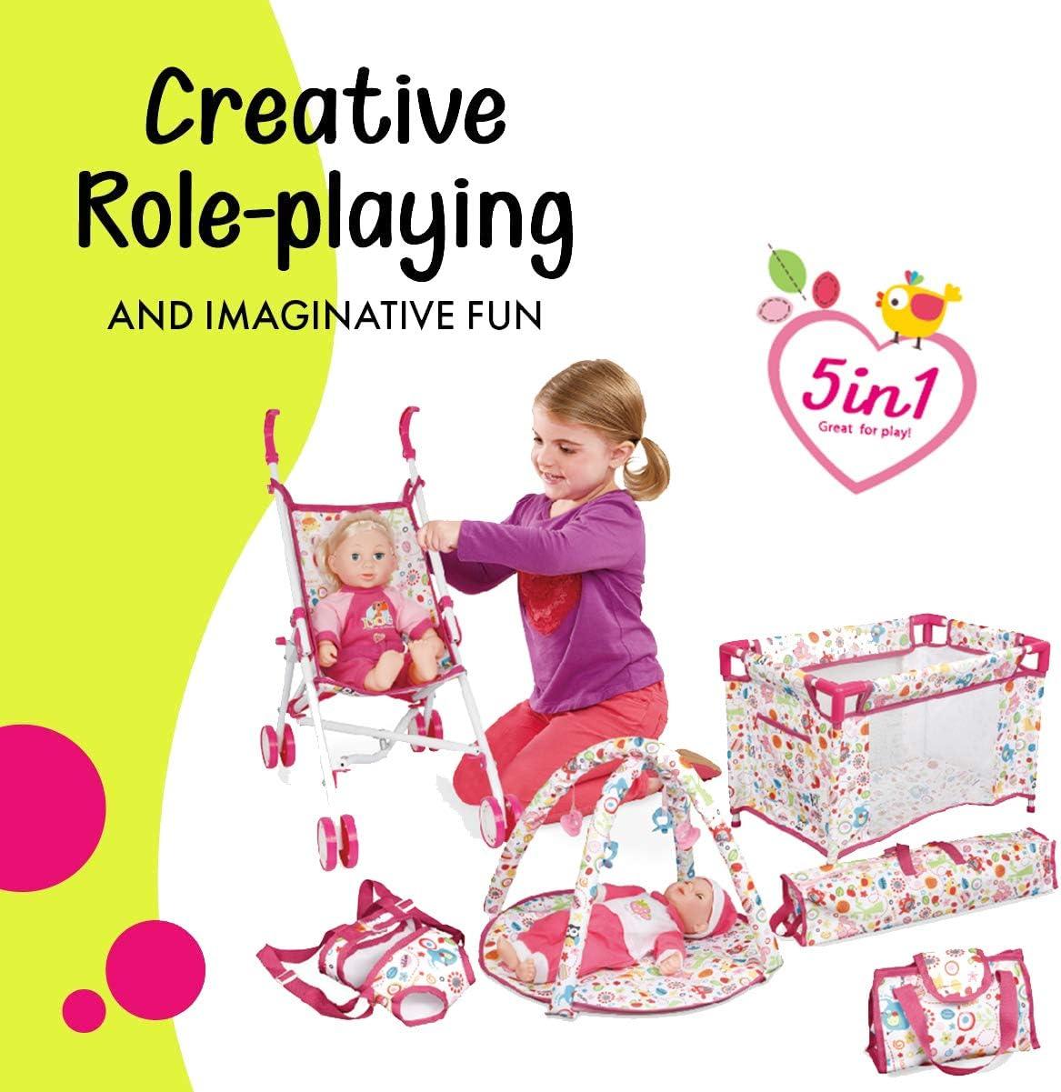 imageLiberty Imports 5in1 Deluxe Newborn Baby Doll Stroller Nursery Playset with Play Mat Playard Baby Carrier and Travel Bag Doll Included