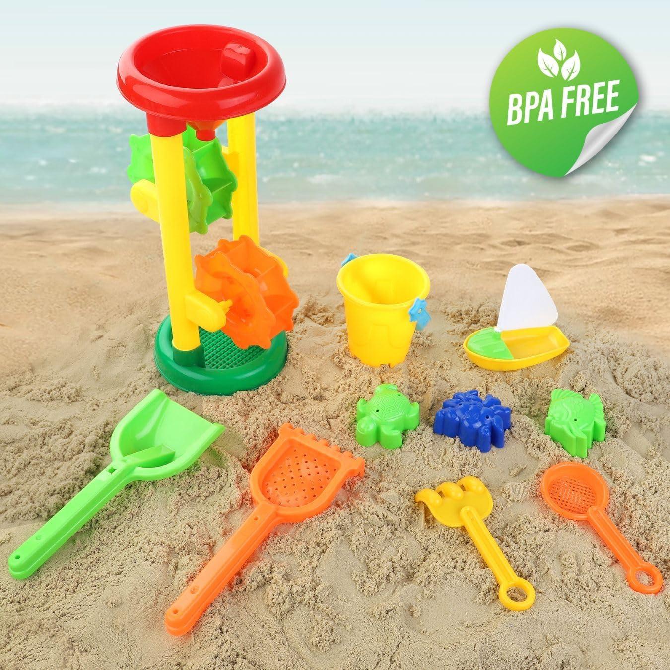 imageLiberty Imports Double Sand ampamp Water Wheel Tower Beach Toy Set wBuiltin Funnel Sieve Bucket Shovel Rake Animal Molds for Kids Toddlers Play