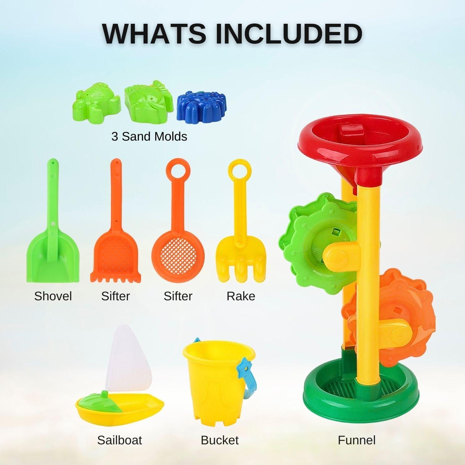 imageLiberty Imports Double Sand ampamp Water Wheel Tower Beach Toy Set wBuiltin Funnel Sieve Bucket Shovel Rake Animal Molds for Kids Toddlers Play