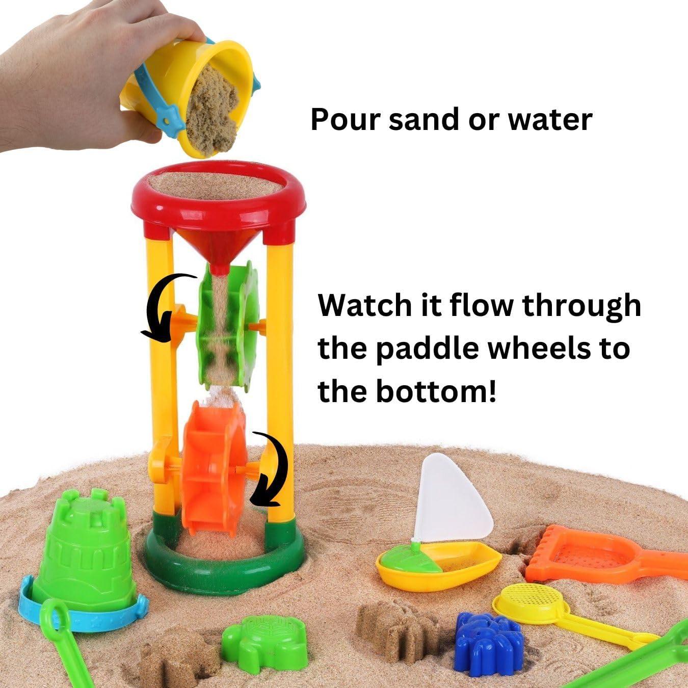 imageLiberty Imports Double Sand ampamp Water Wheel Tower Beach Toy Set wBuiltin Funnel Sieve Bucket Shovel Rake Animal Molds for Kids Toddlers Play
