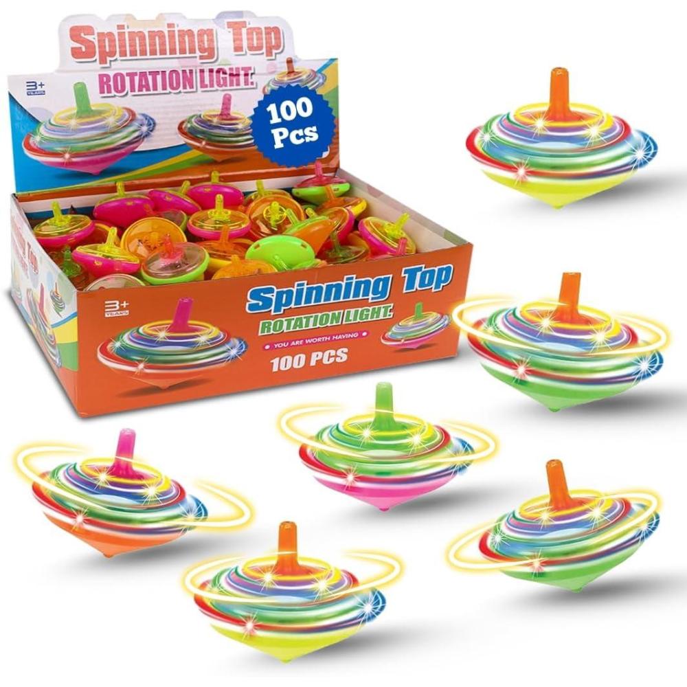 image100 Pieces LED Light Up Flashing Mini Spinning Tops with Gyroscope  Kids Novelty Bulk Spin Toys Party Favors Bundle Pack Multicolored