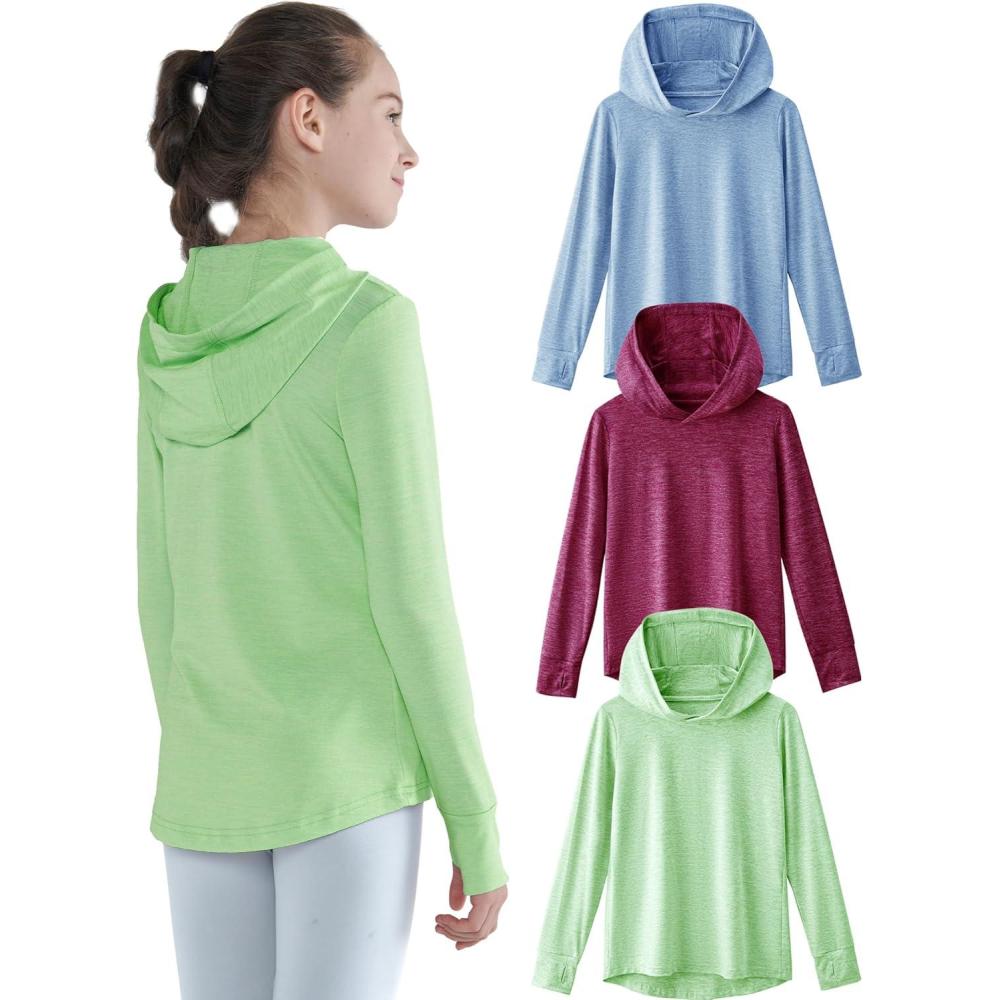 image3 Pack Athletic Girls Long Sleeve Shirts with Thumb Holes Workout Hoodies for Kids Hooded Shirt Pullover TopsBlueSangriaLight Green