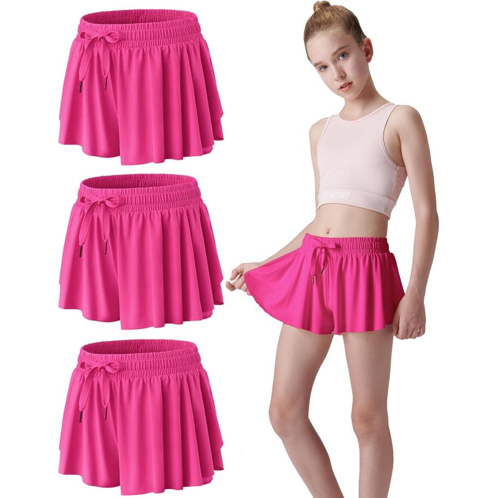 image3 Pack Girls Flowy Shorts with Spandex Liner 2in1 Youth Butterfly Skirts for Fitness Running SportsBright Pink