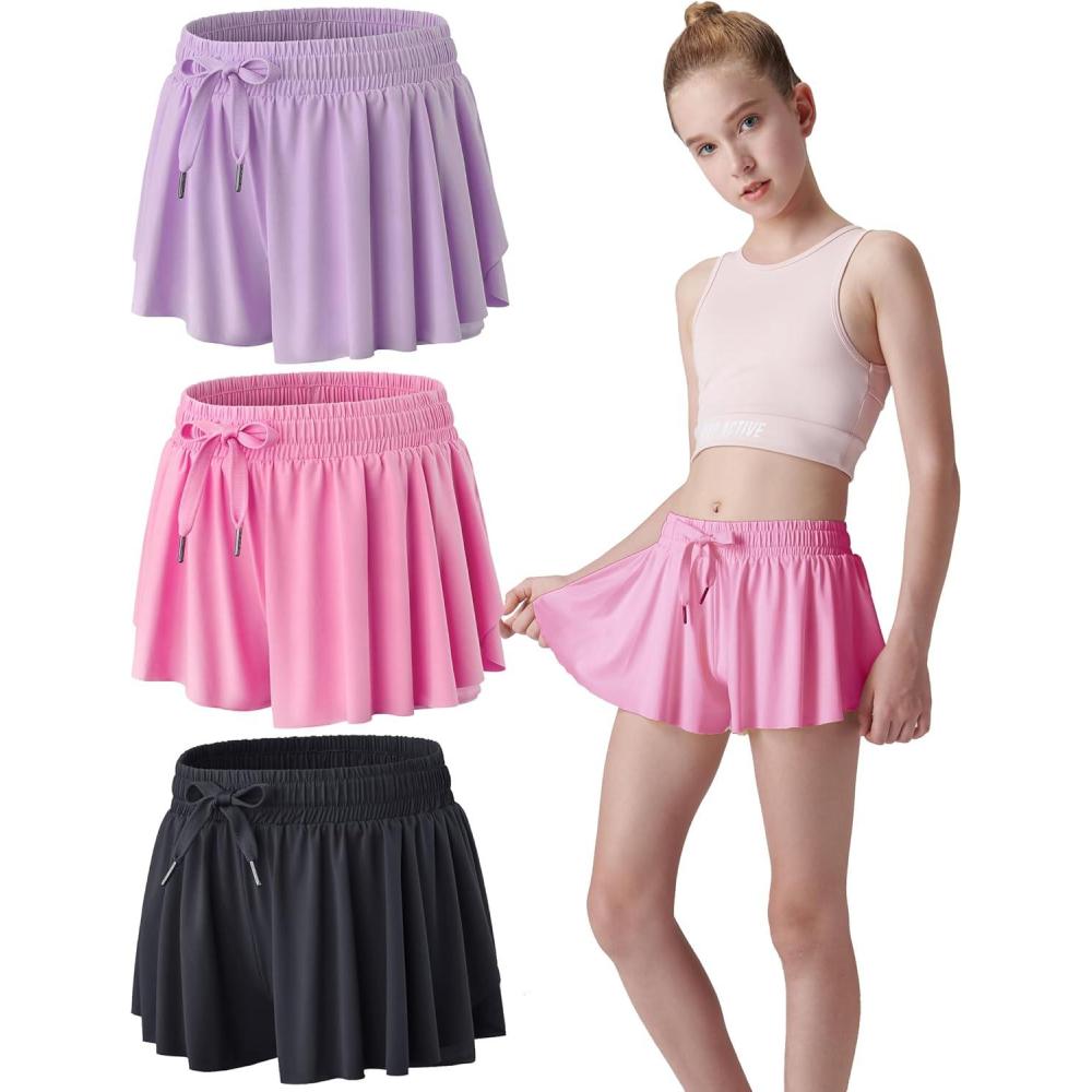 image3 Pack Girls Flowy Shorts with Spandex Liner 2in1 Youth Butterfly Skirts for Fitness Running SportsPinkLavenderBlack