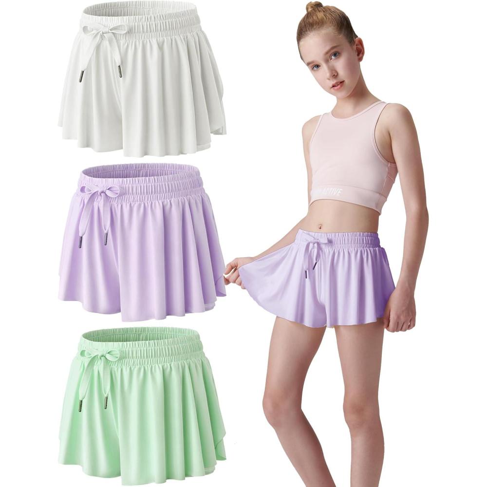 image3 Pack Girls Flowy Shorts with Spandex Liner 2in1 Youth Butterfly Skirts for Fitness Running SportsWhiteOrchidLight Green